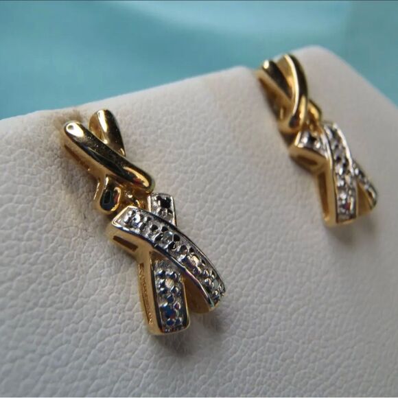 Beautiful 14K Gold Over Sterling Silver X DIAMOND STUD DANGLE Earrings - Picture 4 of 8